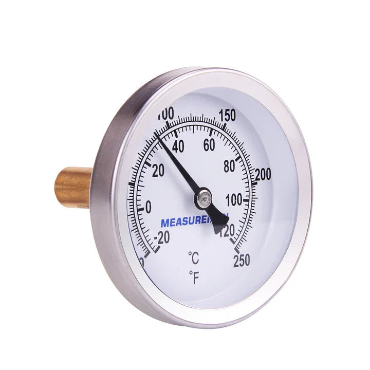Wood Boiler Thermometer 21/2" Dial, 13/4" Brass Stem, Range 0250 deg F